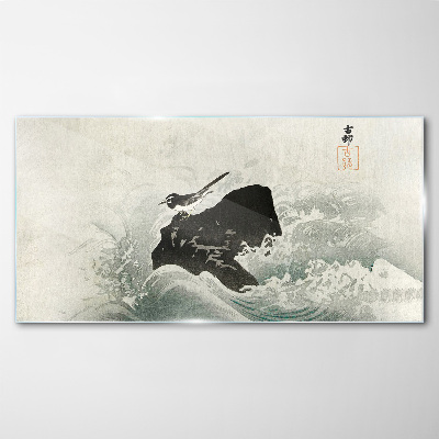 A bird on a rock in the waves Glass Wall Art