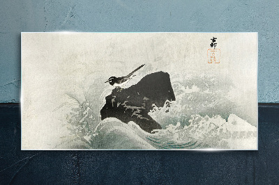 A bird on a rock in the waves Glass Wall Art