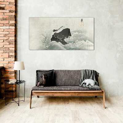 A bird on a rock in the waves Glass Wall Art