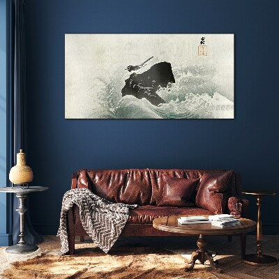 A bird on a rock in the waves Glass Wall Art