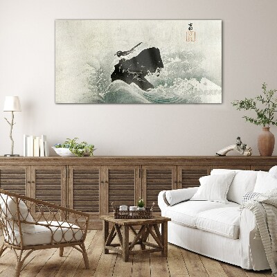 A bird on a rock in the waves Glass Wall Art