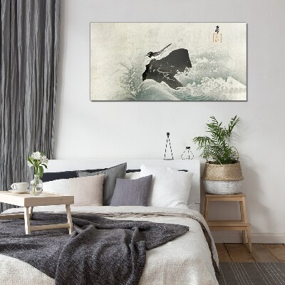 A bird on a rock in the waves Glass Wall Art