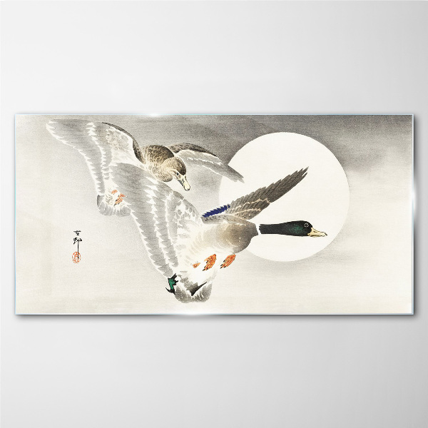 Flight of wild ducks in the moonlight Glass Wall Art