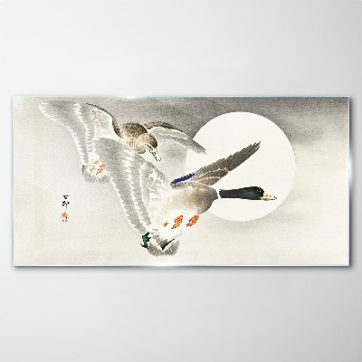 Flight of wild ducks in the moonlight Glass Wall Art