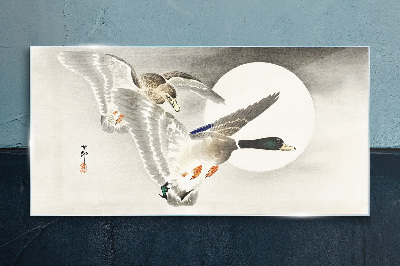 Flight of wild ducks in the moonlight Glass Wall Art