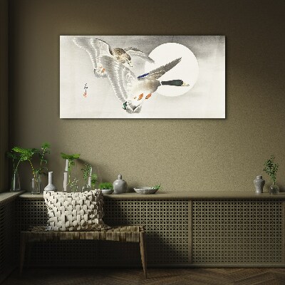 Flight of wild ducks in the moonlight Glass Wall Art
