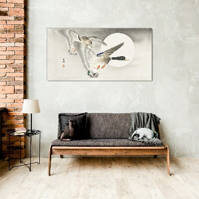 Flight of wild ducks in the moonlight Glass Wall Art