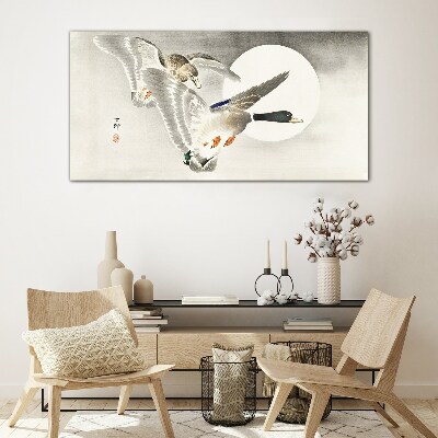 Flight of wild ducks in the moonlight Glass Wall Art