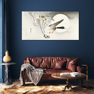 Flight of wild ducks in the moonlight Glass Wall Art