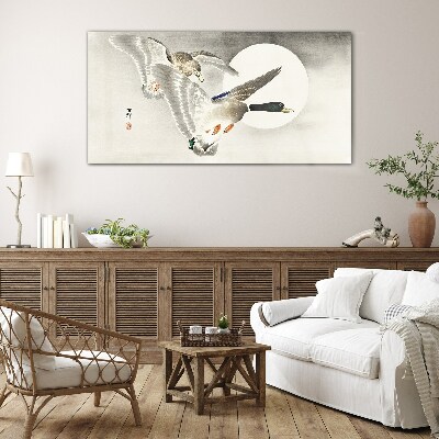 Flight of wild ducks in the moonlight Glass Wall Art