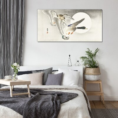 Flight of wild ducks in the moonlight Glass Wall Art