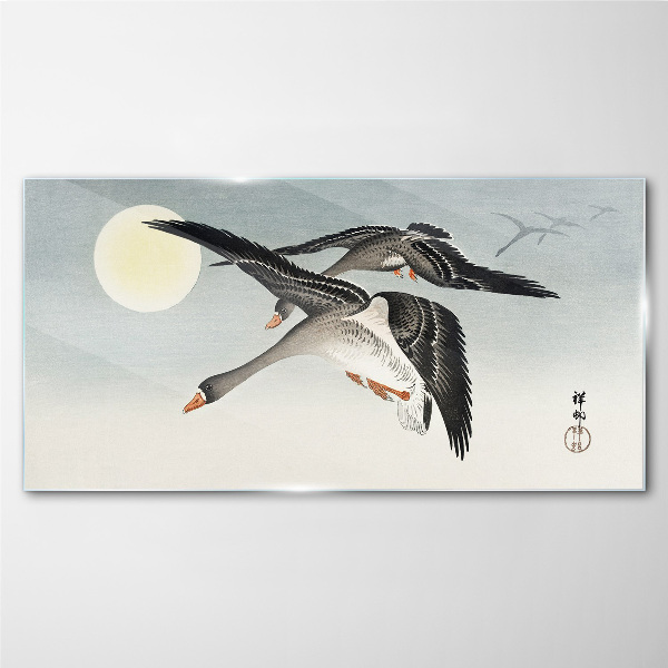 Geese in flight under the full moon Glass Wall Art