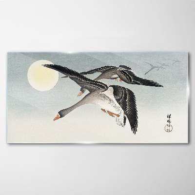 Geese in flight under the full moon Glass Wall Art