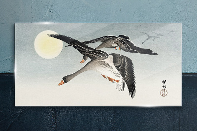 Geese in flight under the full moon Glass Wall Art