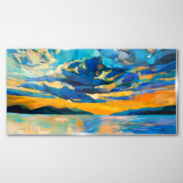 Sunset over a calm lake Glass Print