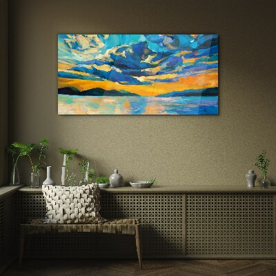 Sunset over a calm lake Glass Print
