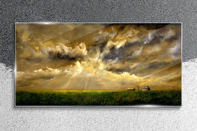 Landscape village field sky Glass Print