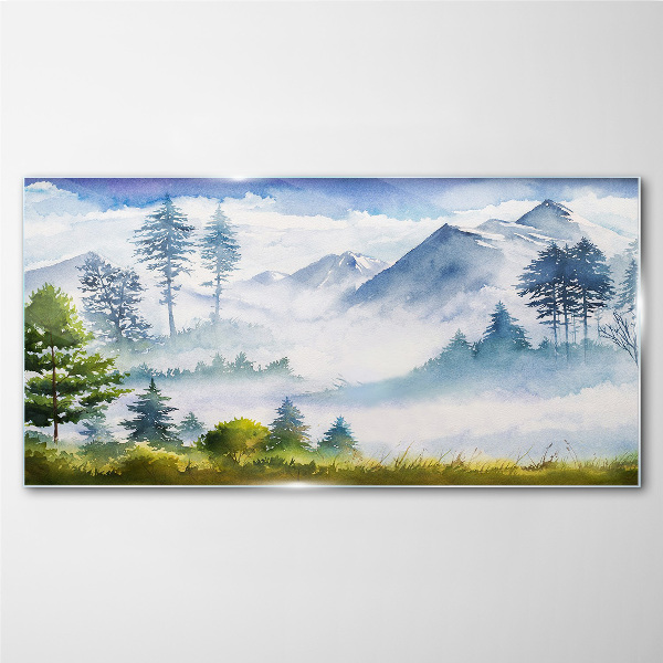 Mountain landscape in the morning fog Glass Wall Art