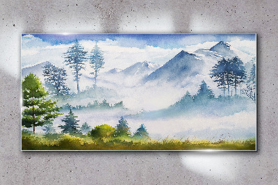 Mountain landscape in the morning fog Glass Wall Art