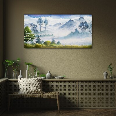 Mountain landscape in the morning fog Glass Wall Art