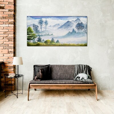 Mountain landscape in the morning fog Glass Wall Art