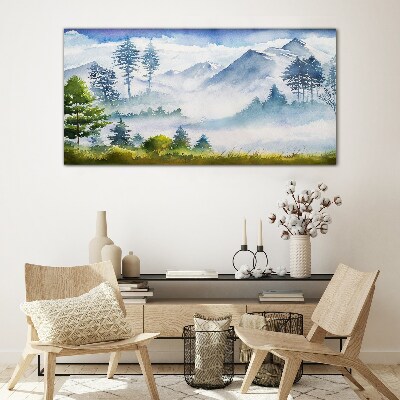 Mountain landscape in the morning fog Glass Wall Art