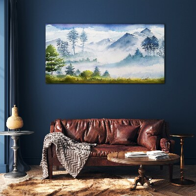 Mountain landscape in the morning fog Glass Wall Art
