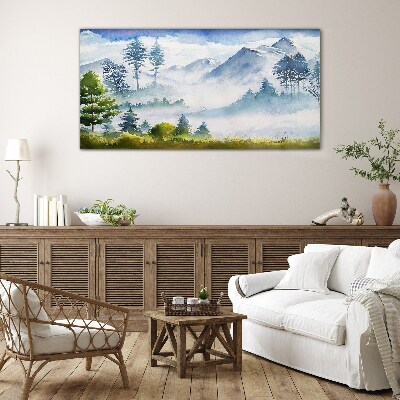 Mountain landscape in the morning fog Glass Wall Art