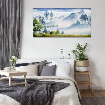 Mountain landscape in the morning fog Glass Wall Art