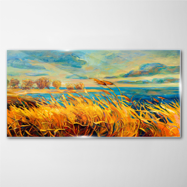 Golden grass over blue water Glass Print