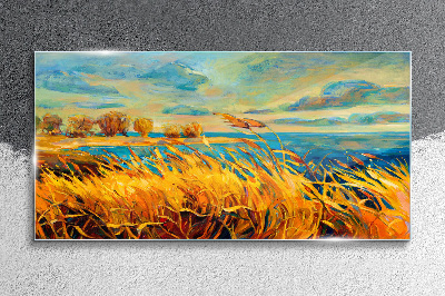 Golden grass over blue water Glass Print