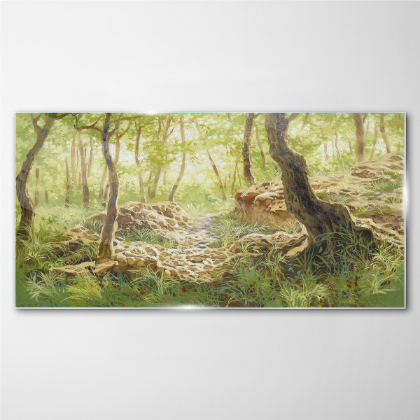 Green forest landscape with stones Glass Wall Art