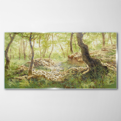 Green forest landscape with stones Glass Wall Art