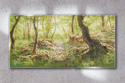 Green forest landscape with stones Glass Wall Art