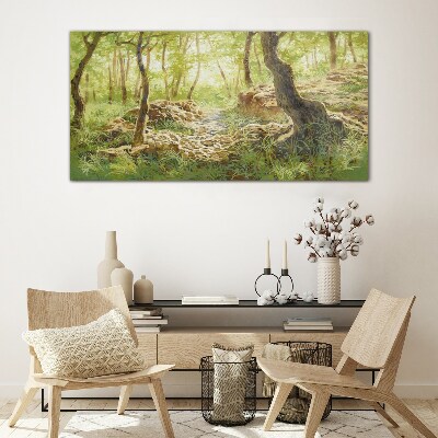 Green forest landscape with stones Glass Wall Art