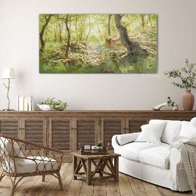 Green forest landscape with stones Glass Wall Art