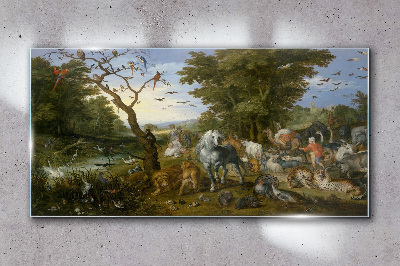 Paradise landscape with fauna and flora Glass Wall Art