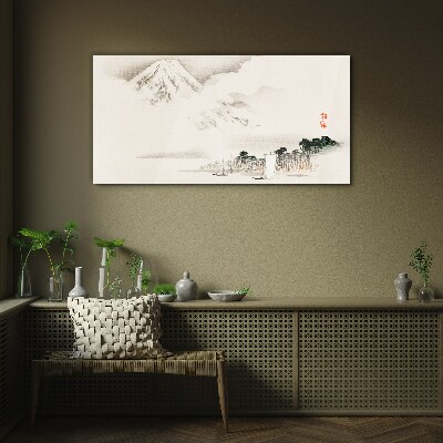 Clouds mountains boats Glass Wall Art