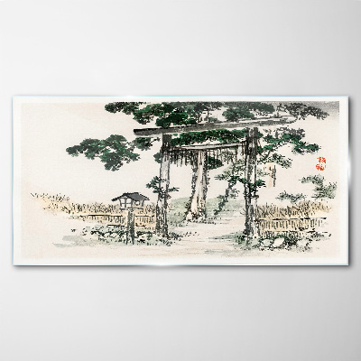 Torii gate in a peaceful landscape Glass Wall Art
