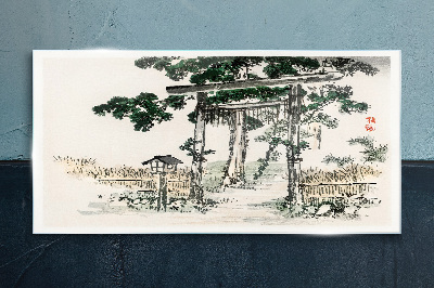 Torii gate in a peaceful landscape Glass Wall Art