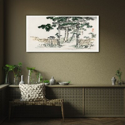 Torii gate in a peaceful landscape Glass Wall Art