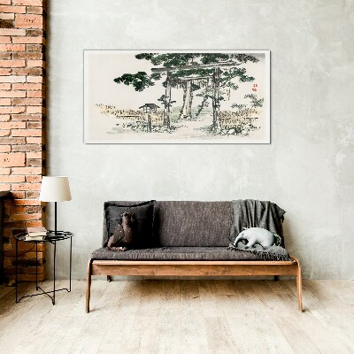 Torii gate in a peaceful landscape Glass Wall Art