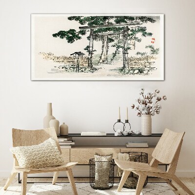 Torii gate in a peaceful landscape Glass Wall Art