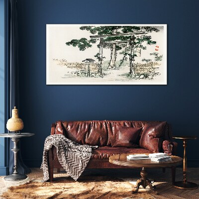 Torii gate in a peaceful landscape Glass Wall Art
