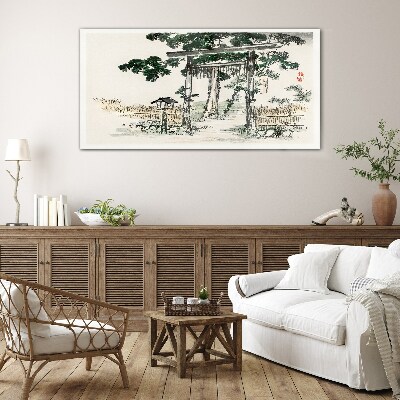 Torii gate in a peaceful landscape Glass Wall Art