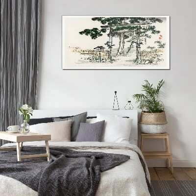 Torii gate in a peaceful landscape Glass Wall Art