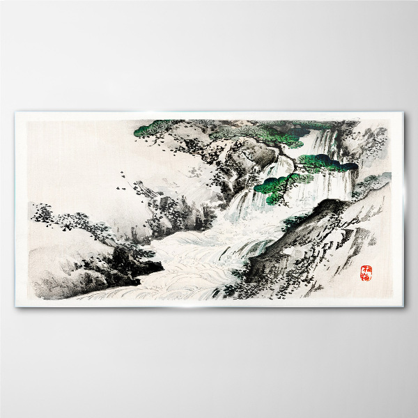 Waterfall in a mountain landscape Glass Wall Art