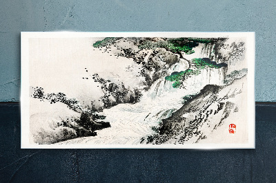 Waterfall in a mountain landscape Glass Wall Art