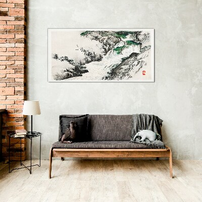 Waterfall in a mountain landscape Glass Wall Art