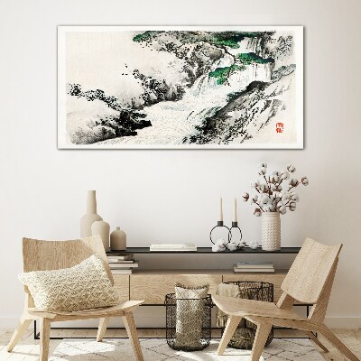 Waterfall in a mountain landscape Glass Wall Art